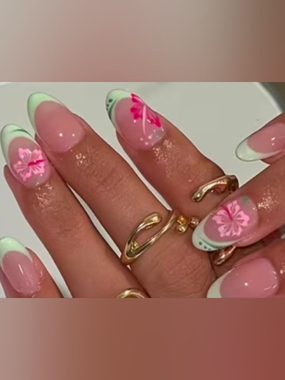 Pink Floral Green French Tip Press On Nails
